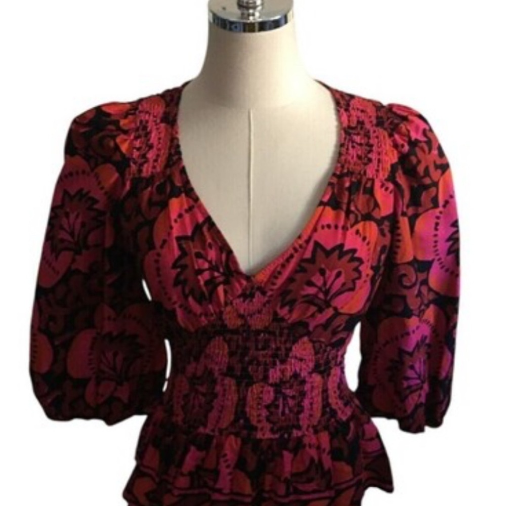NWOT House of Harlow 1960 Floral Balloon Sleeved Smocked Top Size Medium